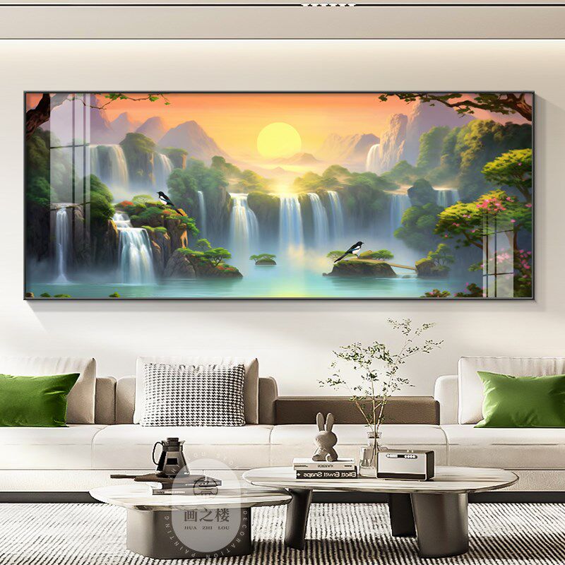 流水生财山水画客厅饰画日出东方大气沙发背景墙壁画一整幅挂画