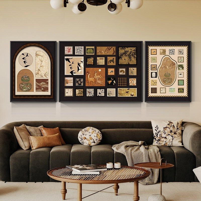 新款中古法式客厅装饰画复古艺术三联墙画沙发背景墙挂画级壁画,家居饰品,现代装饰画,淘宝优惠券,粉丝福利购,淘宝优惠卷