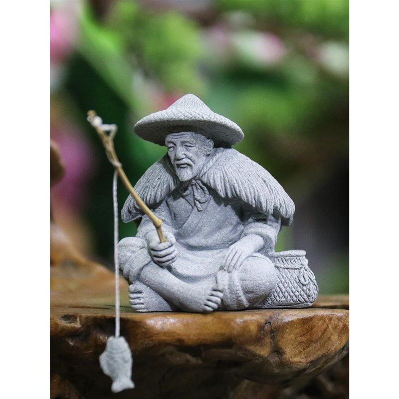 仿石钓鱼翁造景装饰假山卉鱼缸造景姜太公钓鱼老翁摆设