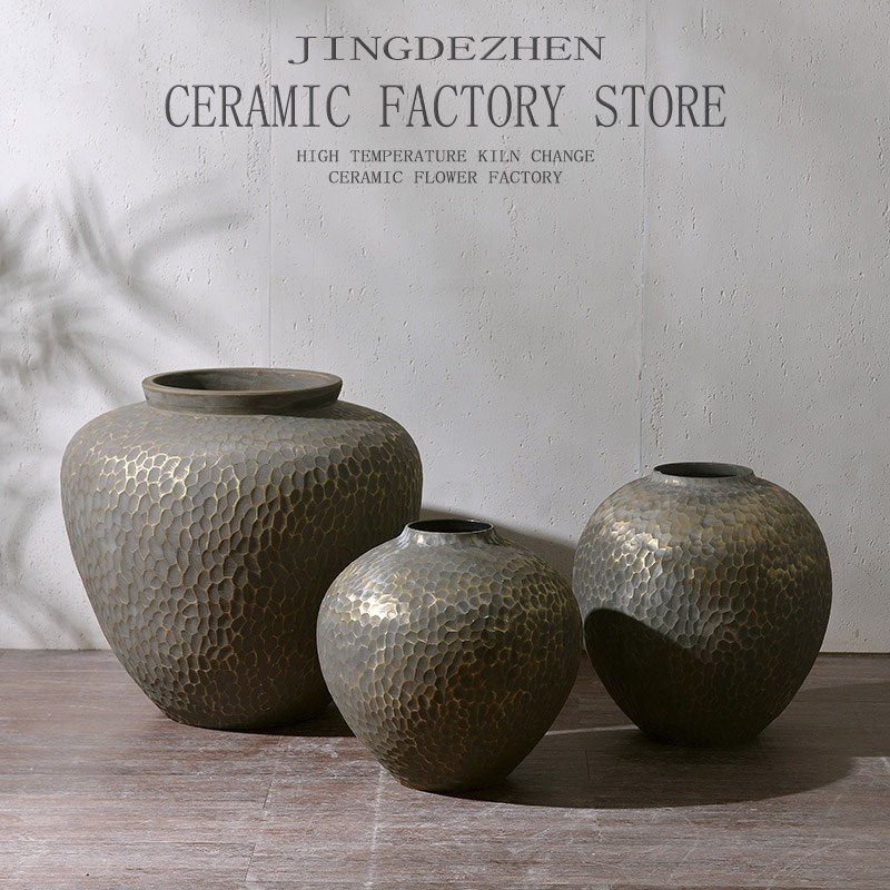 中式复古金属色粗陶陶罐花瓶摆件客厅插花花瓶酒店样板间软装饰品