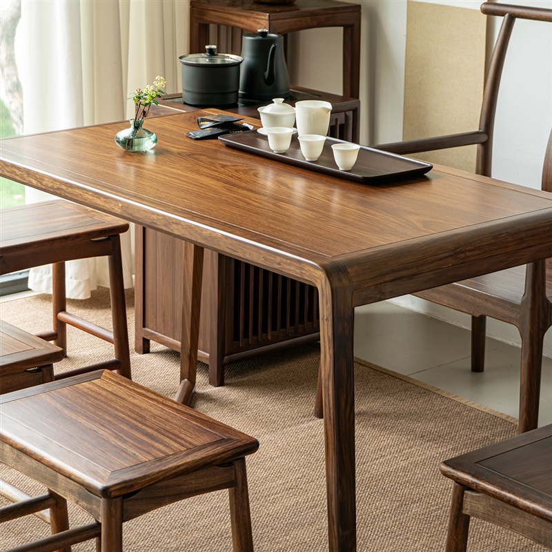 北美黑胡桃木实木茶桌家用茶台小户E型阳台泡茶桌茶台烧水壶一体