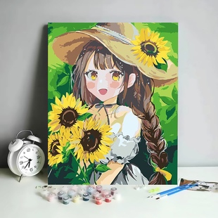 di数字油画填充涂色卡通人物女孩装饰画填色手工画