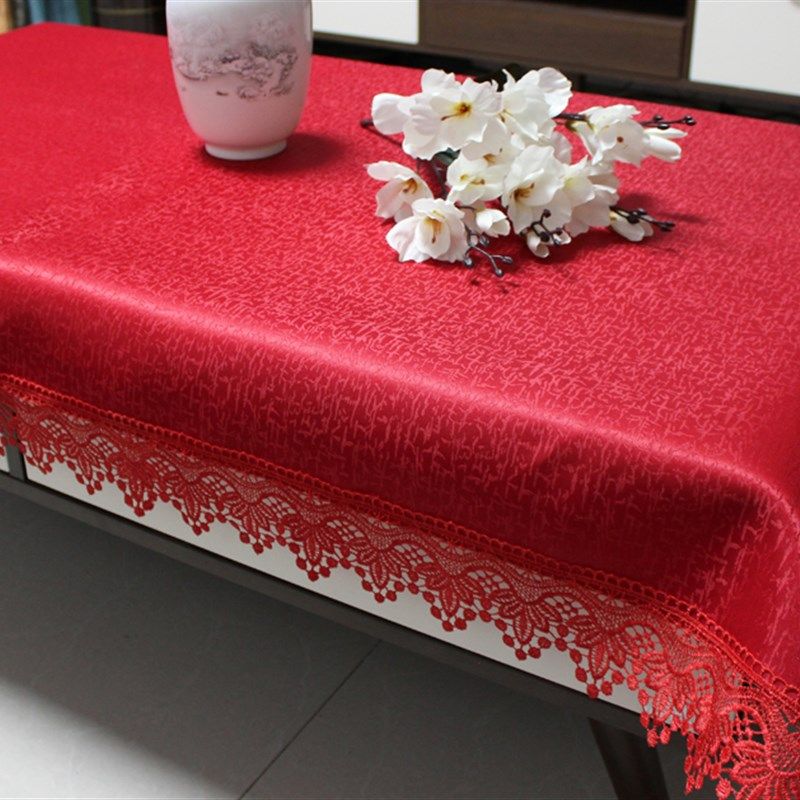 红色提喜庆长方形台布家用茶几桌布艺餐桌布结婚庆蕾丝边盖布