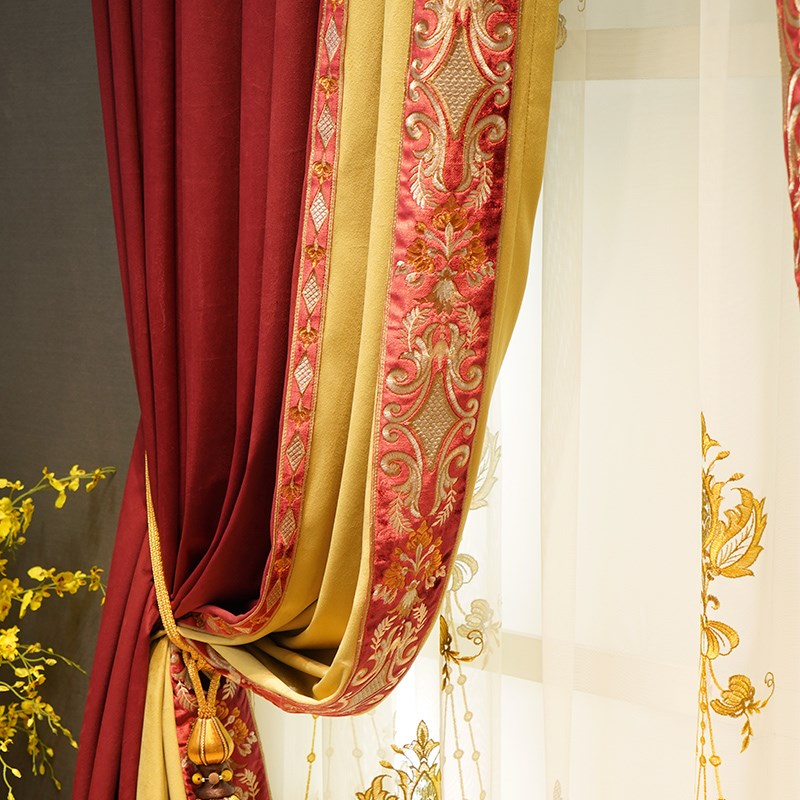别墅欧式法式窗帘客厅奢华大气豪华酒红色加厚丝绒布绣花定制