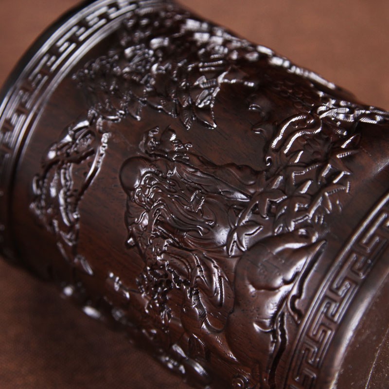 黑檀笔筒木质荷花笔筒实木雕刻原木红木笔筒摆件檀木创意办公礼品