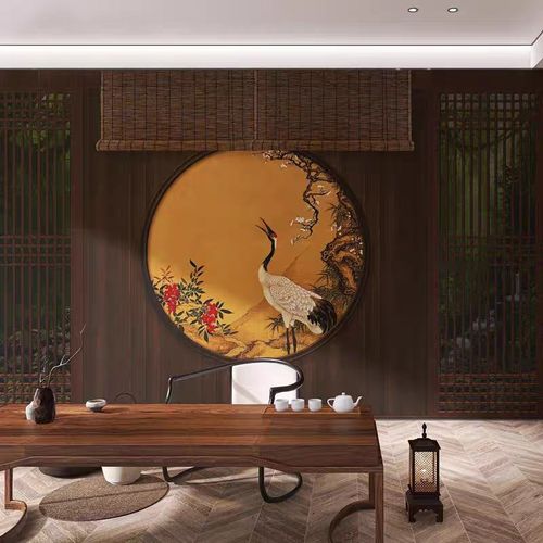 中式仙鹤装饰壁纸茶室卧室古典墙纸古风汉服摄影馆剧本杀墙布