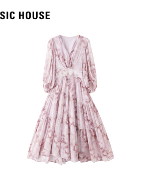 2026夏季新款百家好浪漫印花连衣裙V领钉珠气质长裙优雅百搭裙