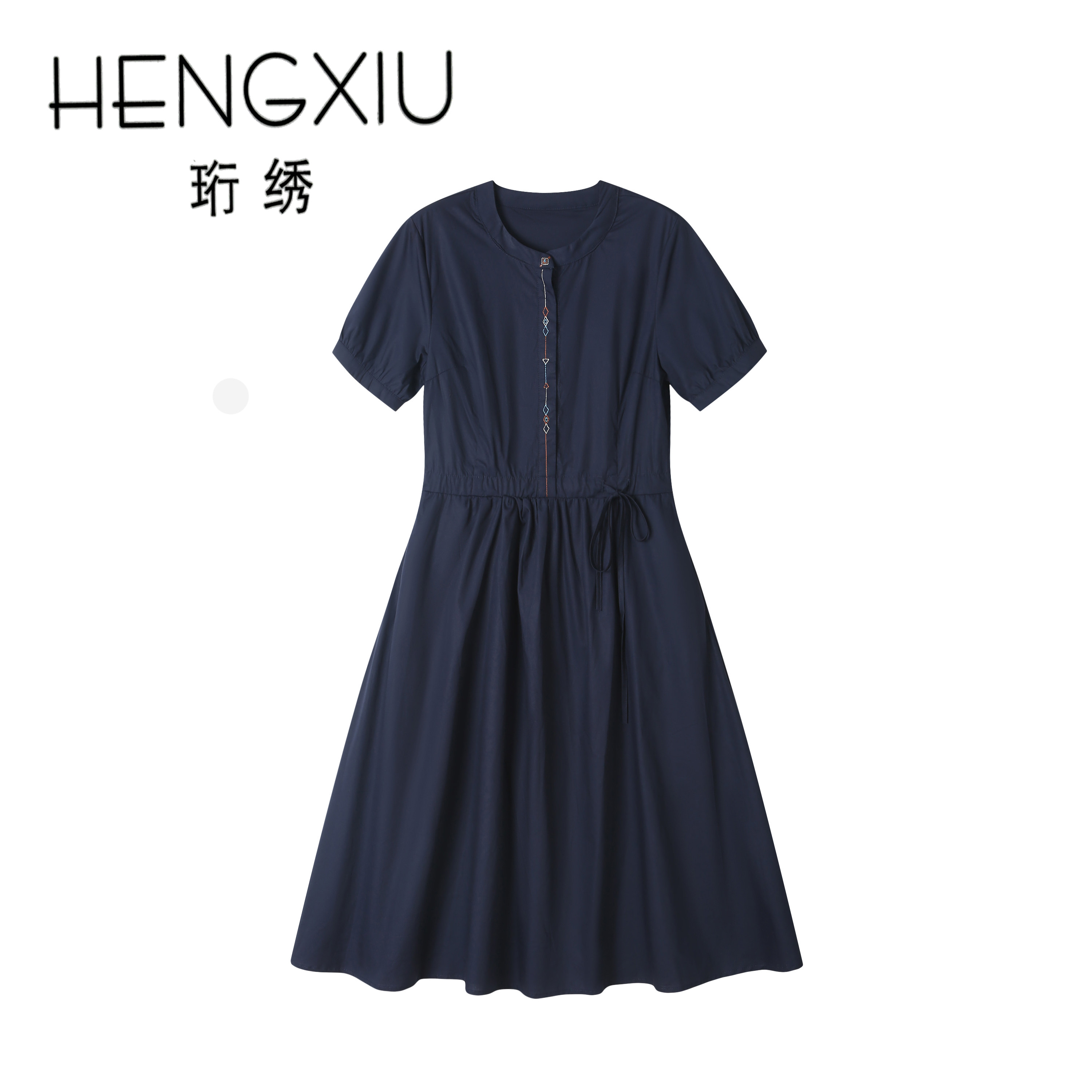 「艾薇严选」珩绣2026新款夏季轻奢纯棉收腰短袖连衣裙女XY-0501