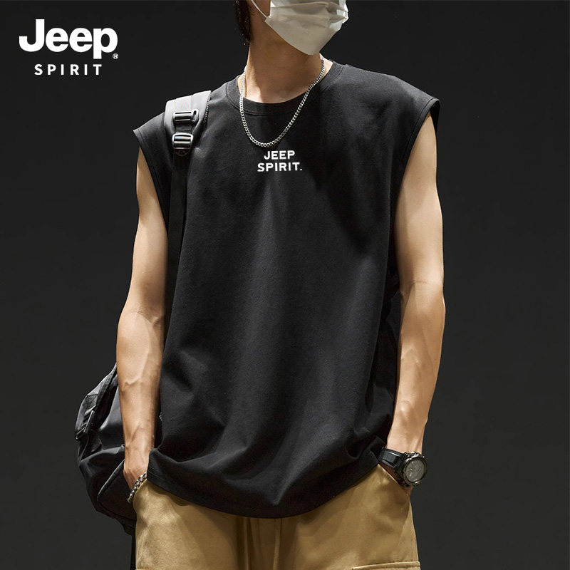 Jeep吉普标美式背心男款运动坎肩2026夏季打底纯棉透气无袖男t恤