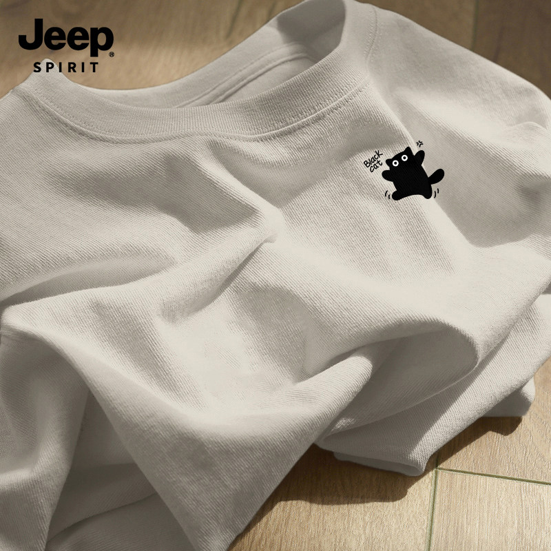 Jeep吉普纯棉t恤短袖男款2026新款春季慵懒小猫内搭宽松百搭打底
