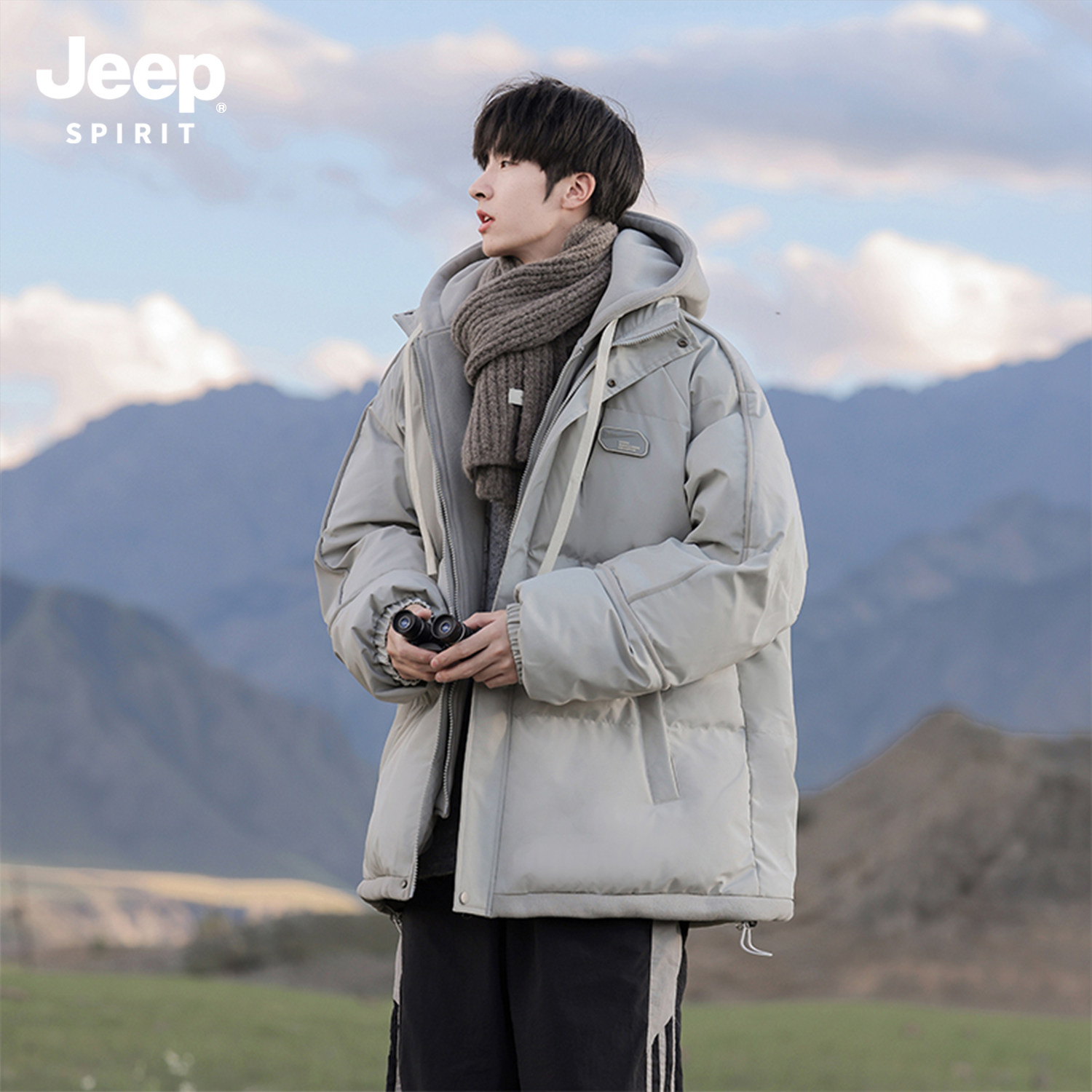 Jeep吉普假两件棉衣男款冬季青少年户外连帽撞色加厚棉袄棉服外套