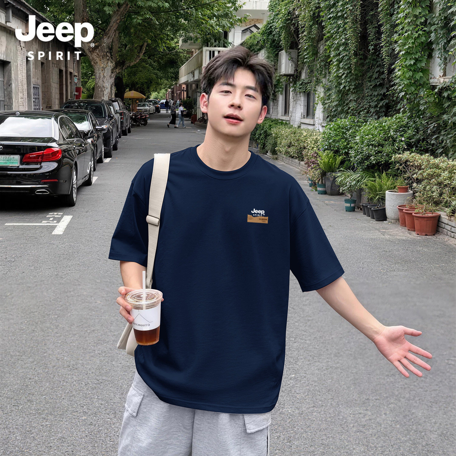 Jeep吉普简约宽松重磅纯棉短袖t恤男款2026新款休闲运动风五分袖