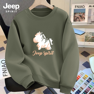 Jeep吉普日系简约重磅圆领卫衣男款2026春新外套上衣服草绿色长袖