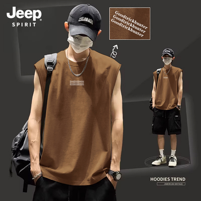 Jeep吉普棕色男士纯棉背心新款夏