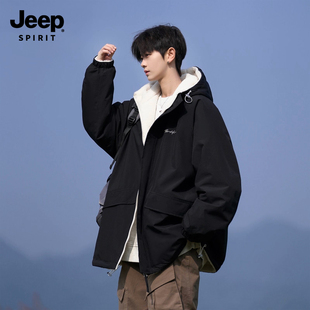 Jeep吉普双面羊羔绒外套男士冬季加厚棉服宽松连帽棉衣男款户外风