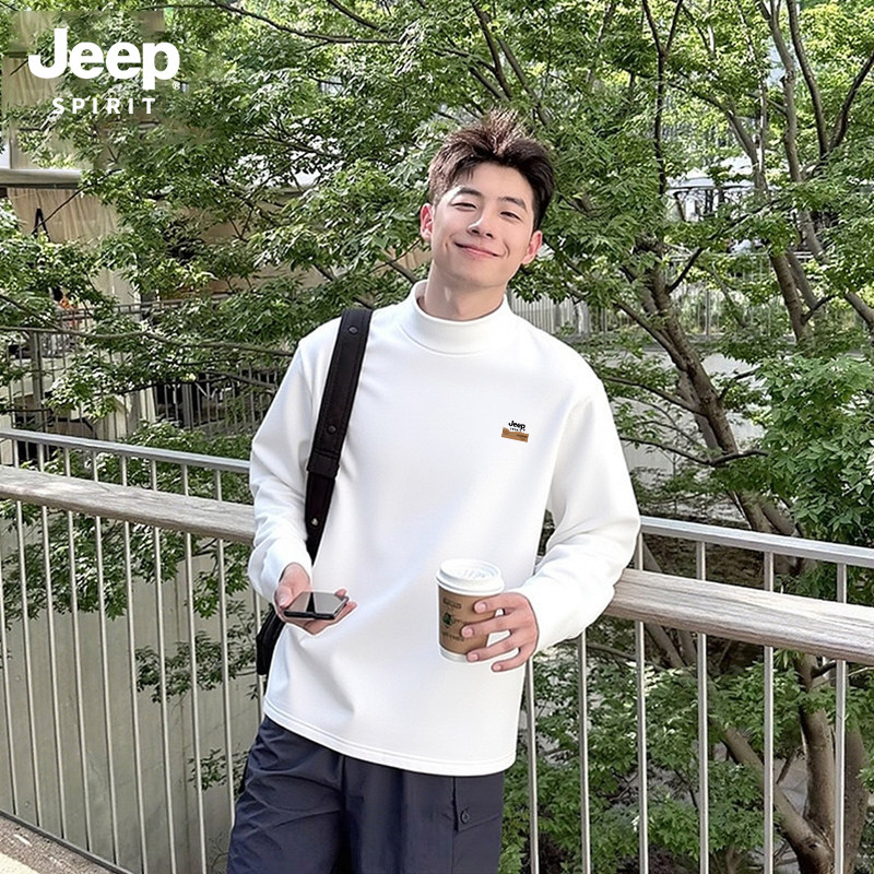 Jeep吉普绒德男款打底衫秋冬季双面绒衣服半高领内搭长袖保暖上衣