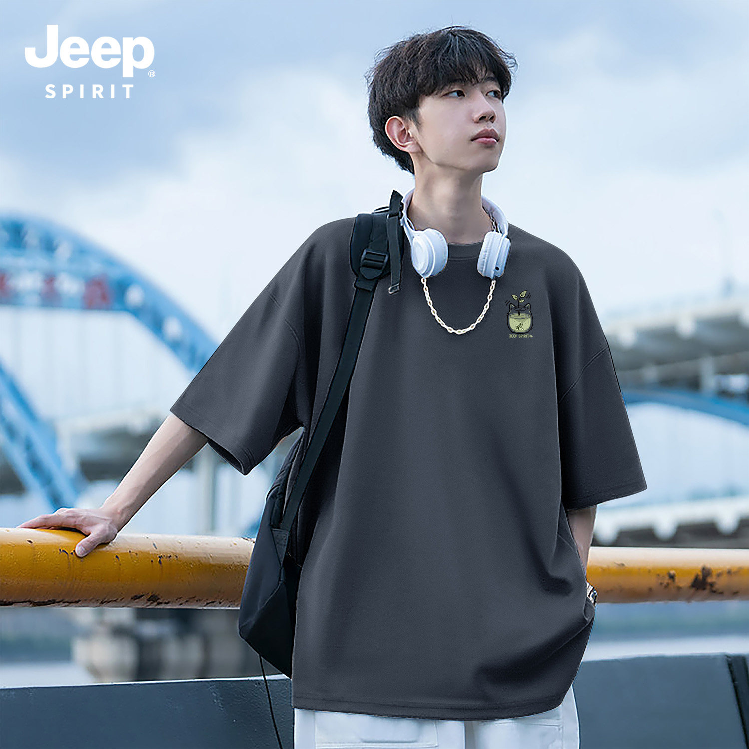 Jeep吉普铁灰色短袖t恤男款2026新款小清新纯棉宽松大码男装慵懒