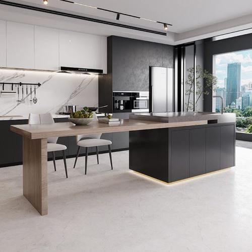 全岩板轻奢岩板伸缩岛倒台餐桌茶台一体吧台悬浮感大小户型中岛台