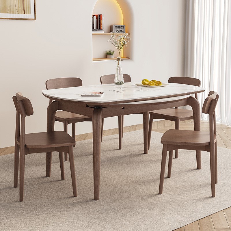 深胡桃色全实木餐桌岩板家用小户型D现代简约多功能电磁炉轻奢饭