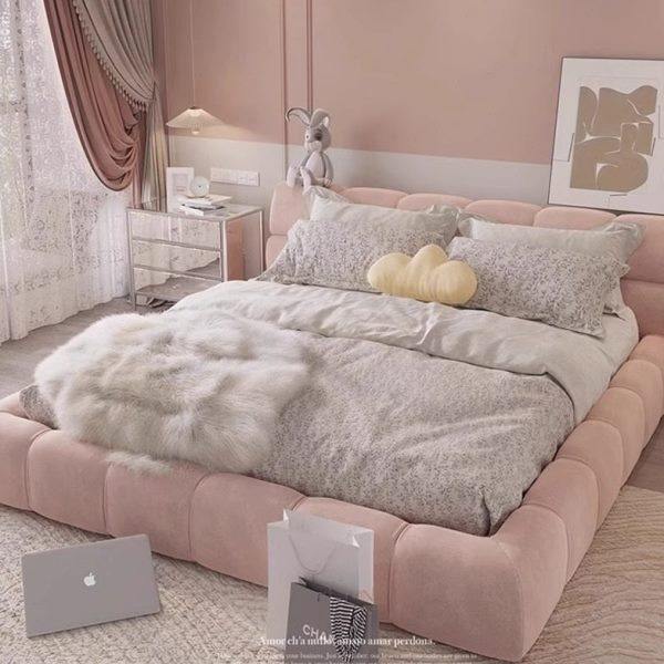 网红仙女粉色泡芙床简约现代主卧室大床法式奶油公主风布艺双人床,住宅家具,布艺床,淘宝优惠券,粉丝福利购,淘宝优惠卷