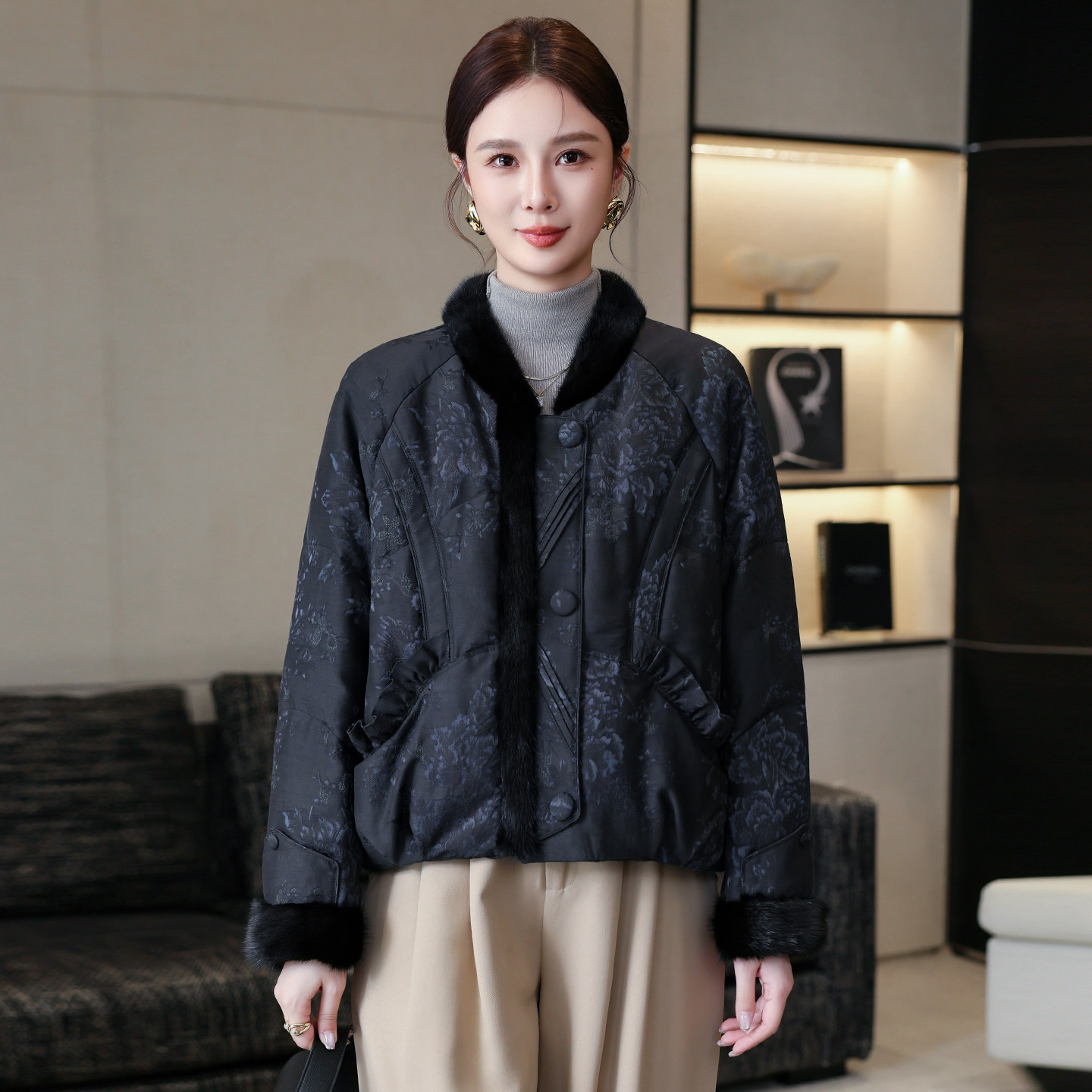 新中式国风鹅绒羽绒服女拼水貂
