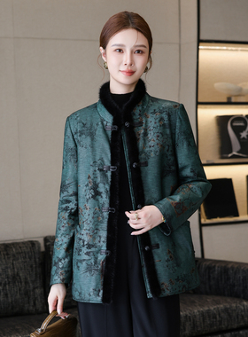 真皮羽绒服女025新款印花国风盘扣立领海宁绵羊皮衣外套短款大码