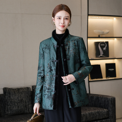 真皮羽绒服女国风盘扣立领