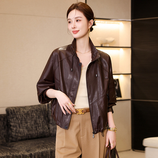海宁2025春秋新款真皮皮衣女短款绵羊皮翻领机车服休闲复古夹克