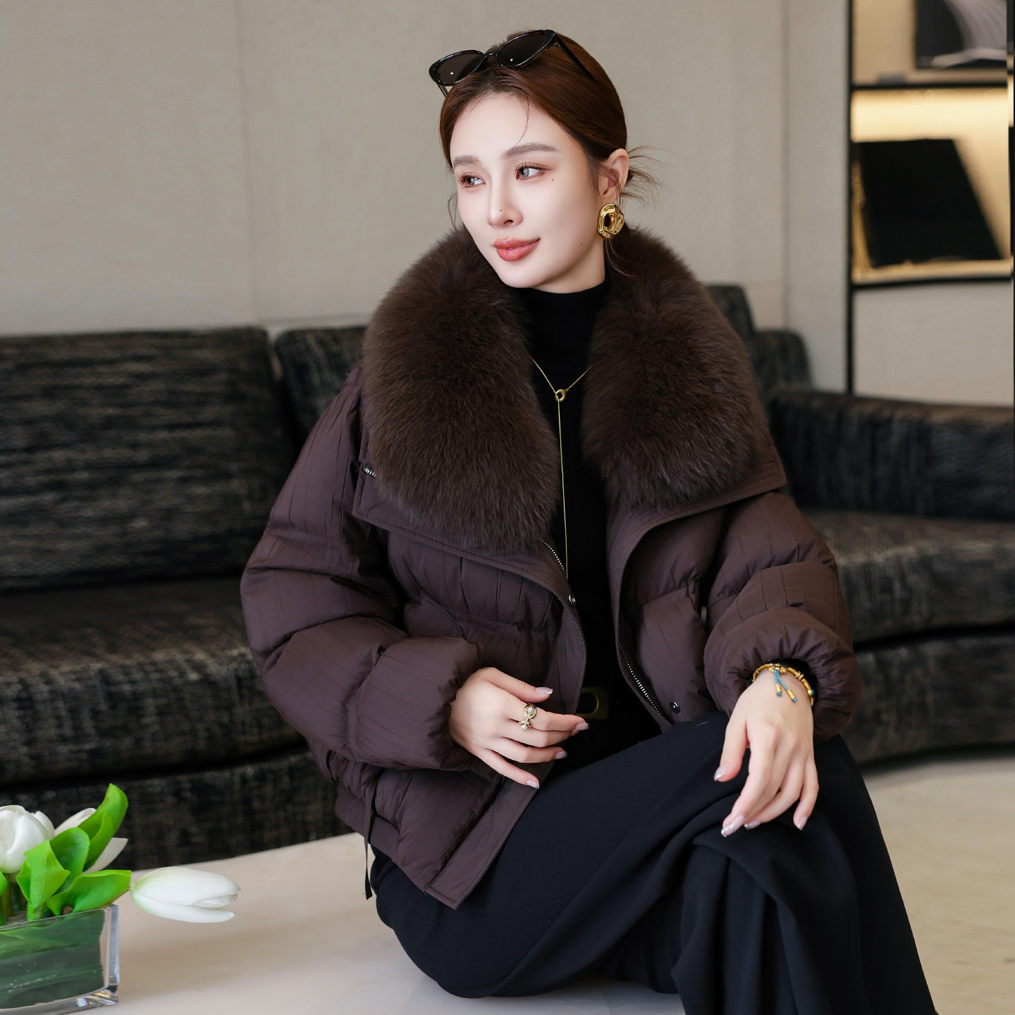 高端鹅绒羽绒服女2025冬季新狐狸毛领可拆卸皮草大衣夹克外套短款