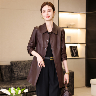 海宁2025春秋新款真皮皮衣女中长款绵羊皮单排扣修身显瘦风衣外套