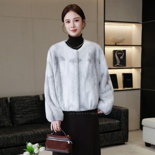 高端水貂皮毛整貂裘皮皮草外套女短款2025冬季新款圆领十字貂大衣