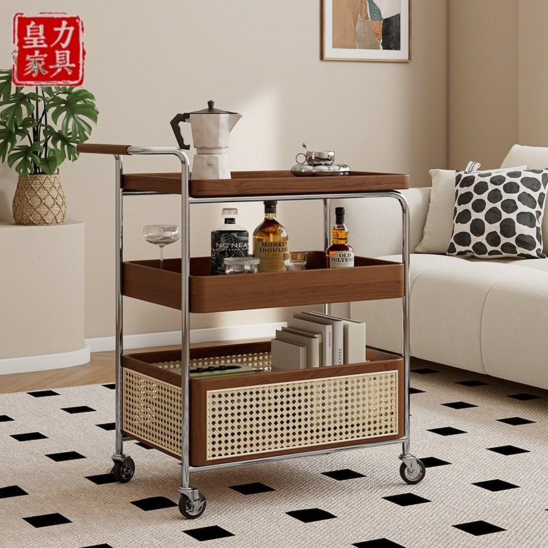 实木可移动小推车简约茶几沙发边几角几I客厅餐边柜餐车藤编置物