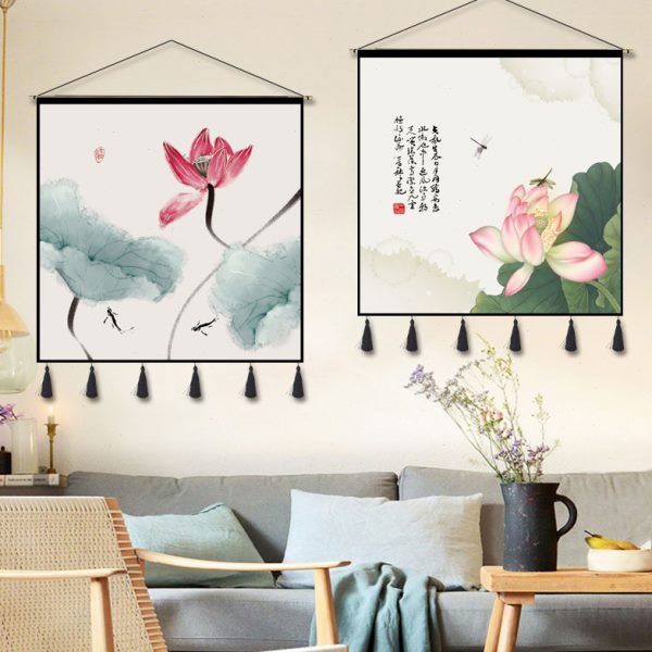 新中式荷花九鱼图挂画布艺国画客厅沙发装饰画挂毯正方形餐厅壁画图片