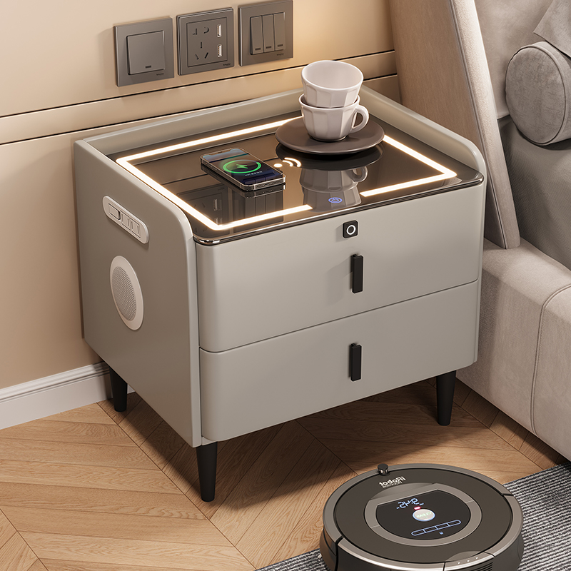 智能床头柜实木卧室现代简约床边柜网红多功能轻S奢无线充电指纹