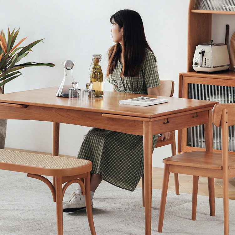 日式折叠餐桌樱桃木北欧实木伸缩餐桌椅组合可抽拉饭桌简约长方形