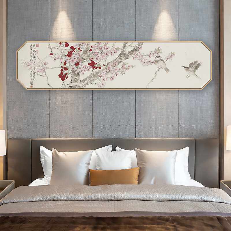 桃花坞 新中式山川花鸟卧室挂画八边形横版单幅温馨床头背景画