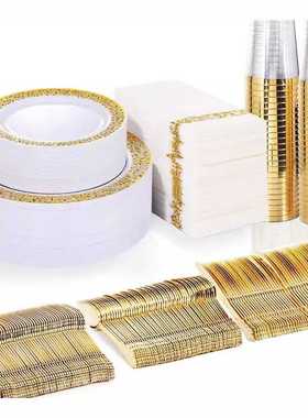 175个套装一次性餐具金边盘酒杯刀叉勺黑底镂空盘PS硬塑料玫瑰金