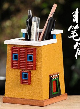 藏村文创笔筒康巴建筑非遗手工中式木质彩绘收纳盒办公室创意摆件
