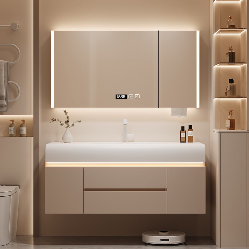 奶油风浴室柜肤感绮m美石一体盆智能卫生间洗脸洗手盆柜组合洗手