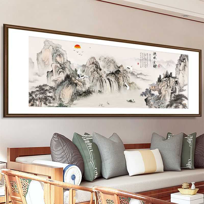 流水生财山水画客厅茶室茶台装饰画老板办公室沙发中式挂画靠山图