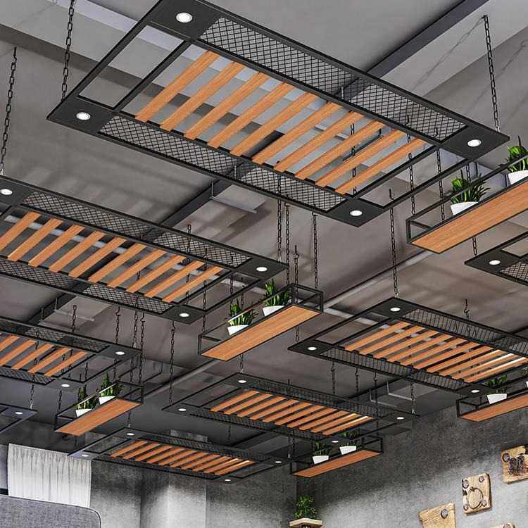 主题餐厅铁艺网格天花塑木铁丝网装饰吊顶酒吧烧烤店服装架店定制