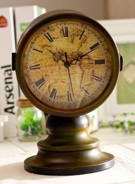 欧式复古铁艺做旧双面座钟时钟摆件 家居店铺客厅装饰钟表摆设