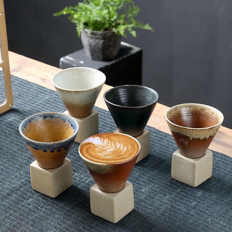 粗陶覆古浓缩咖啡杯日式创意手工窑变陶瓷茶杯带底座个人茶盏水杯