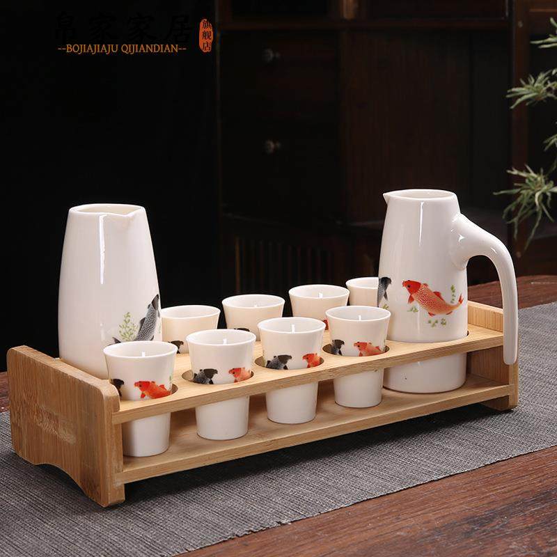 陶瓷两壶八杯酒具套装带把小酒壶酒盅子弹杯家用白酒分酒器酒杯架