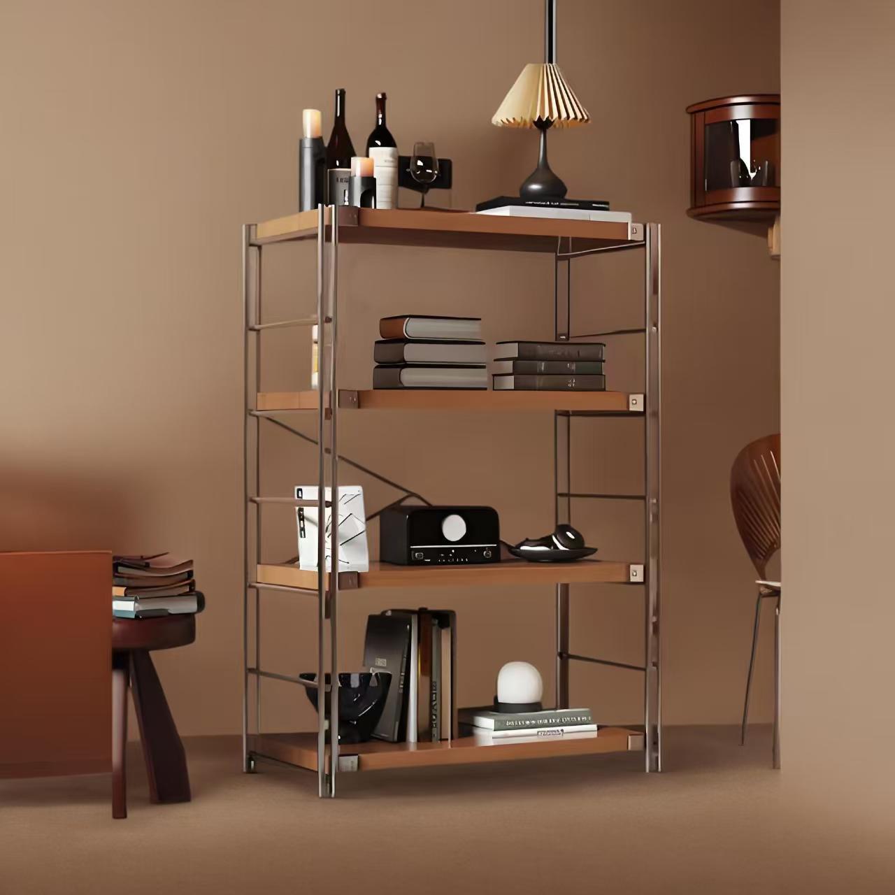 日式钢木置物架书架落地多层客厅阳台储物架家用厨房微波炉收纳