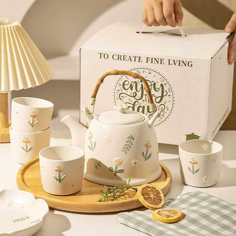 浮雕雏菊泡茶壶套装家用茶杯子杯具乔迁结婚新婚礼物陶瓷茶具礼盒