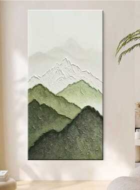纯手绘油画现代玄关装饰画背有靠山绿色立体肌理长条挂画竖版成品