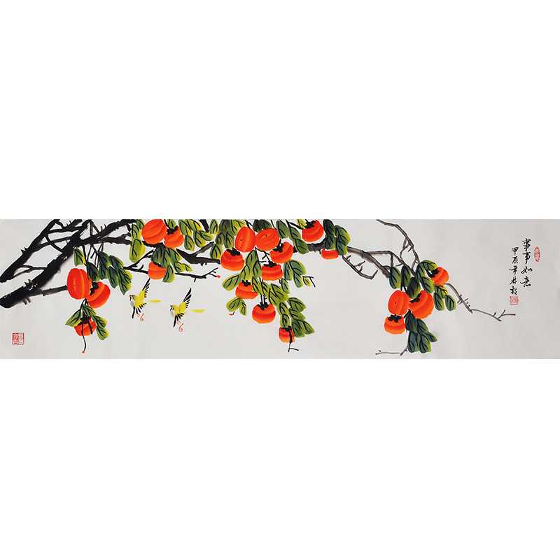主卧床头画纯手绘国画花鸟画柿子荷花莲花事事如意廉洁字画新中式