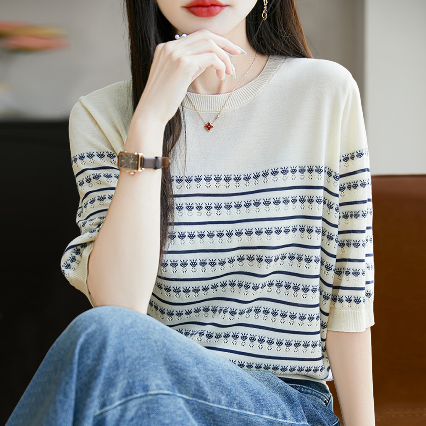 2026新款条纹镂空针织短袖t恤女夏季薄款冰丝针织衫大码女装上衣