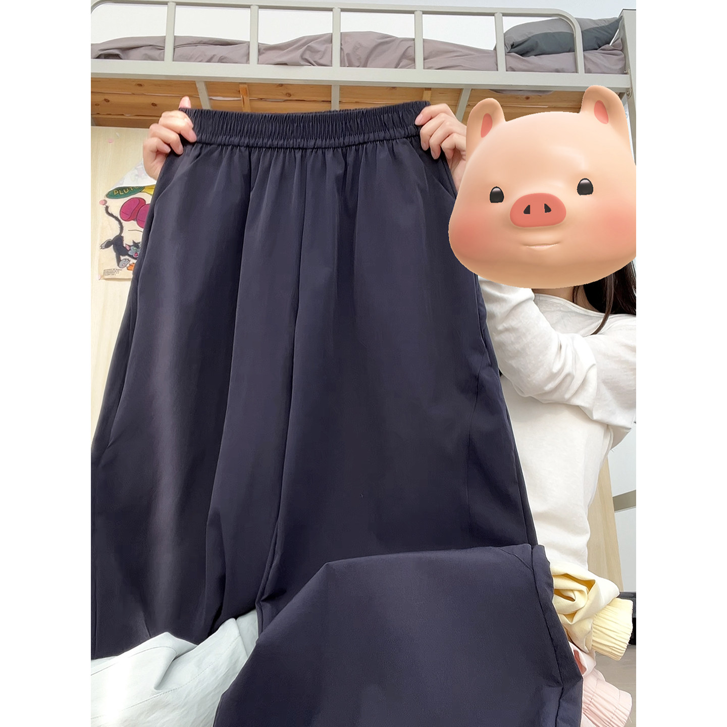 美式藏青色速干工装裤女夏季高腰宽松阔腿裤小个子垂感显瘦运动裤